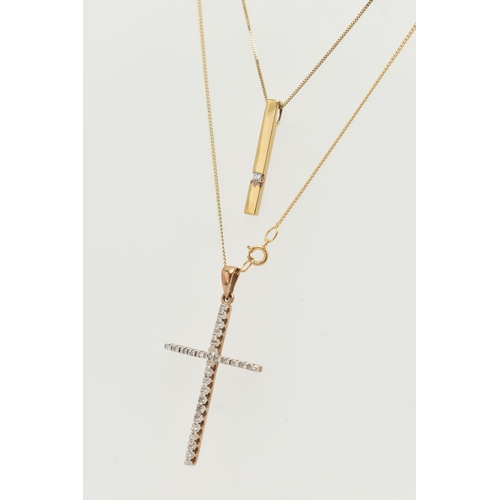 39 - TWO MODERN DIAMOND PENDANTS WITH TWO CHAINS, to include a diamond set cross pendant set throughout w... 