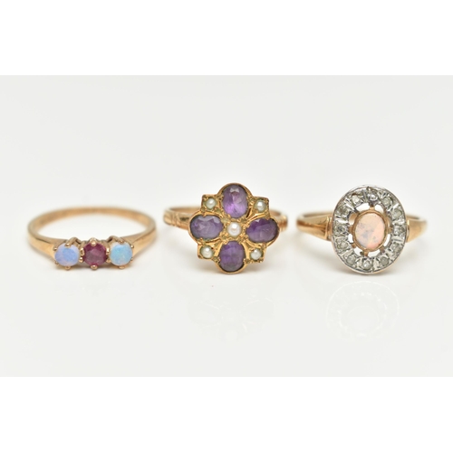 40 - THREE 9CT GOLD GEM SET RINGS, to include an opal cabochon and single cut diamond cluster ring, an am... 