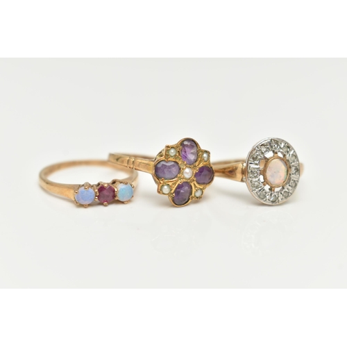 40 - THREE 9CT GOLD GEM SET RINGS, to include an opal cabochon and single cut diamond cluster ring, an am... 