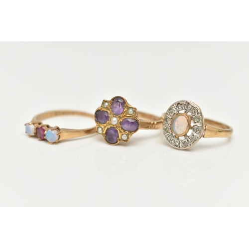 40 - THREE 9CT GOLD GEM SET RINGS, to include an opal cabochon and single cut diamond cluster ring, an am... 