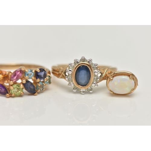 41 - AN ASSORTMENT OF GEM SET JEWELLERY, to include a 9ct yellow gold multi gem set cluster ring, hallmar... 