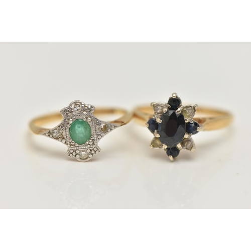 43 - TWO GEM SET RINGS, the first an 18ct gold sapphire and diamond cluster ring, 18ct hallmark partially... 