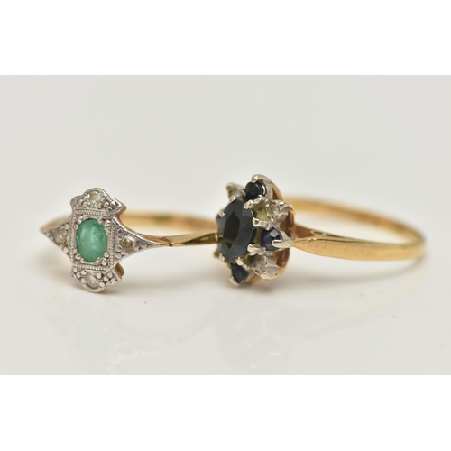 43 - TWO GEM SET RINGS, the first an 18ct gold sapphire and diamond cluster ring, 18ct hallmark partially... 