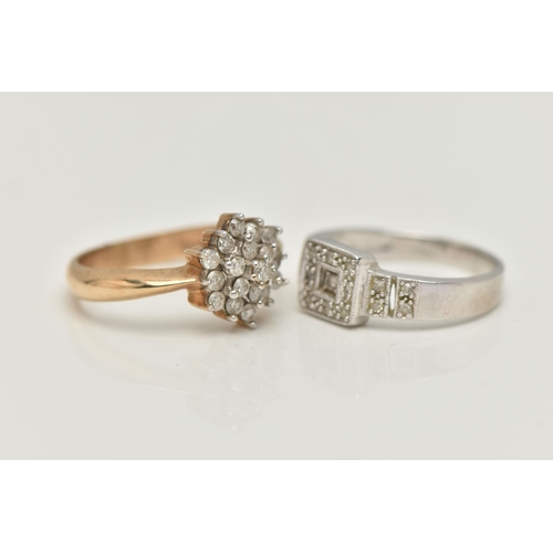 48 - TWO 9CT GOLD DIAMOND RINGS, the first a white gold square form diamond cluster ring, hallmarked 9ct ... 