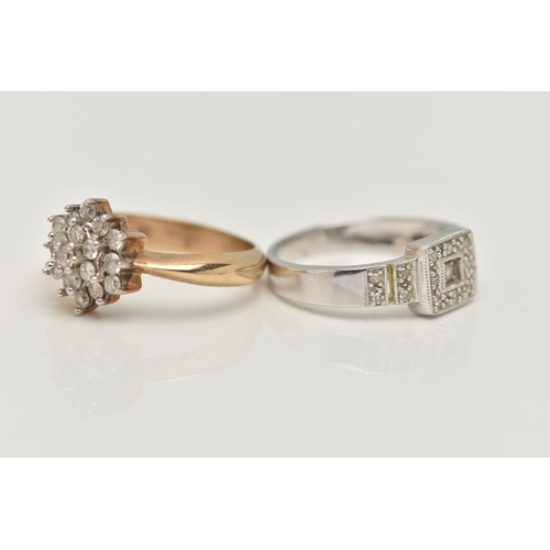 48 - TWO 9CT GOLD DIAMOND RINGS, the first a white gold square form diamond cluster ring, hallmarked 9ct ... 