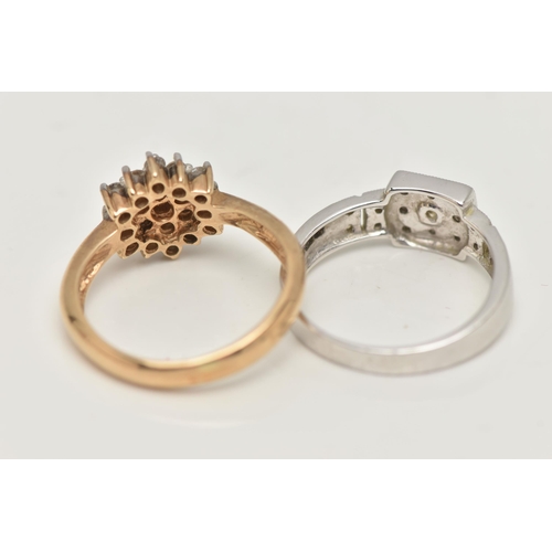 48 - TWO 9CT GOLD DIAMOND RINGS, the first a white gold square form diamond cluster ring, hallmarked 9ct ... 