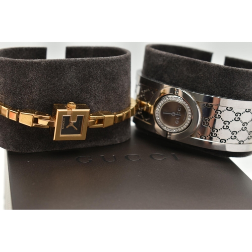 51 - TWO LADIES 'GUCCI' WRISTWATCHES, the first a quartz movement, 'Twirl' watch, round rotating dial wit... 