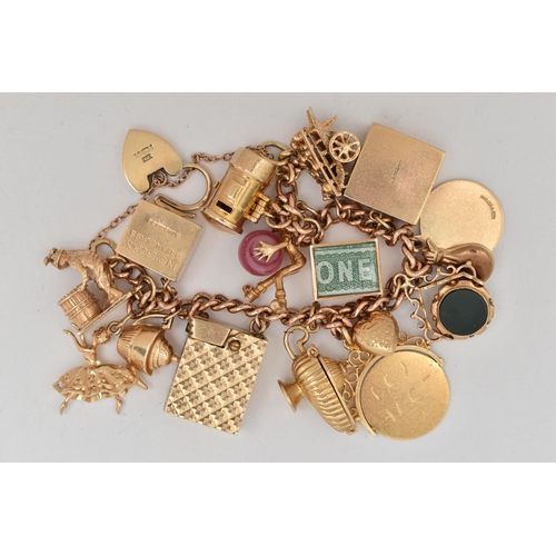 56 - A 9CT GOLD CHARM BRACELET, a curb link chain fitted with a heart padlock clasp, hallmarked 9ct Birmi... 