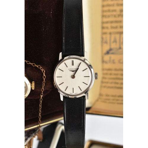 63 - FOUR LADIES WRISTWATCHES, the first a hand wound movement, round dial signed 'Longines' baton marker... 