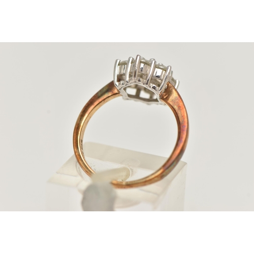 71 - A 9CT GOLD CLUSTER RING, seven circular cut cubic zirconia, prong set in white gold, leading onto a ... 