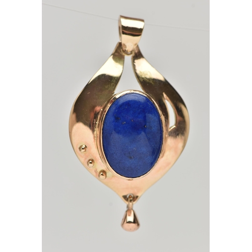 8 - A 9CT GOLD LAPIS LAZULI PENDANT, tear drop shape pendant, set with a central oval lapis lazuli caboc... 