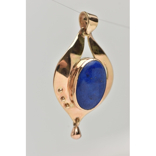 8 - A 9CT GOLD LAPIS LAZULI PENDANT, tear drop shape pendant, set with a central oval lapis lazuli caboc... 