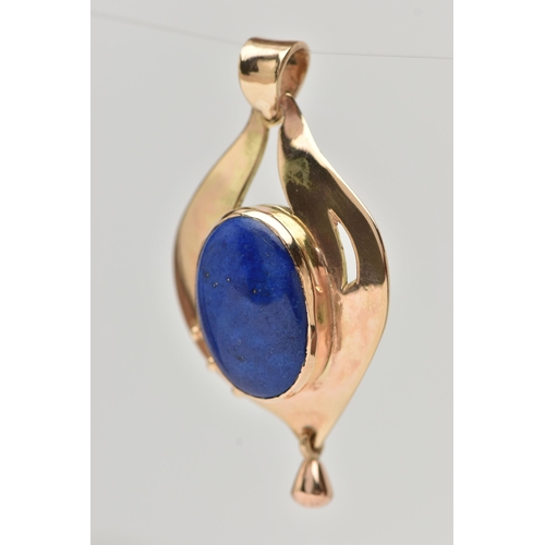 8 - A 9CT GOLD LAPIS LAZULI PENDANT, tear drop shape pendant, set with a central oval lapis lazuli caboc... 