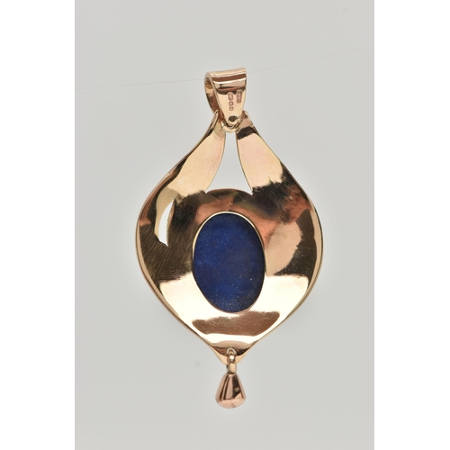 8 - A 9CT GOLD LAPIS LAZULI PENDANT, tear drop shape pendant, set with a central oval lapis lazuli caboc... 