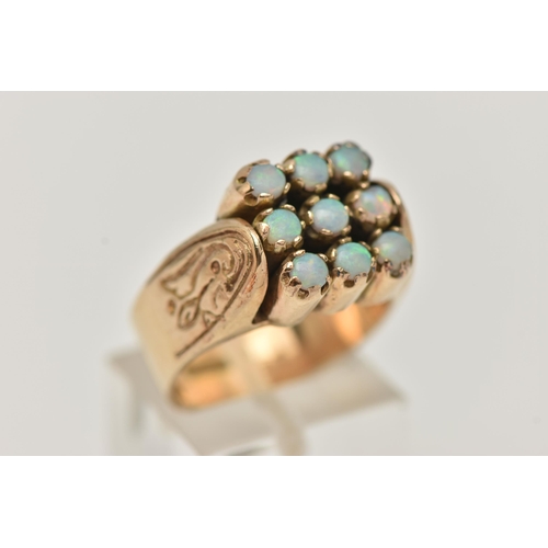 9 - A 9CT GOLD OPAL RING, large square shape ring, set with nine circular cut opal cabochons, each in a ... 