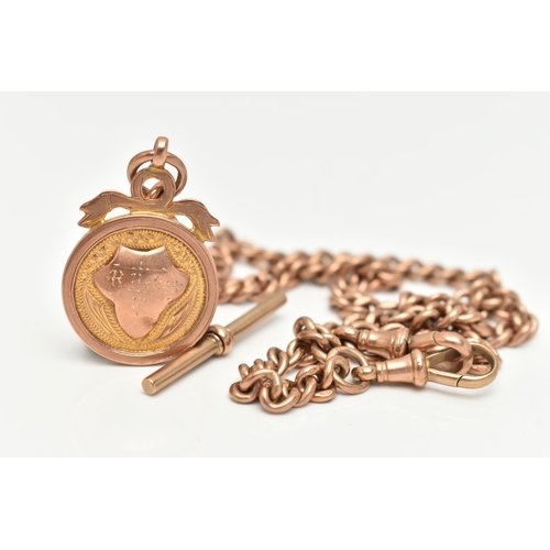 101 - A 9CT ROSE GOLD DOUBLE ALBERT CHAIN WITH FOB MEDAL, each link stamped 9.375, fitted with a T-bar hal... 