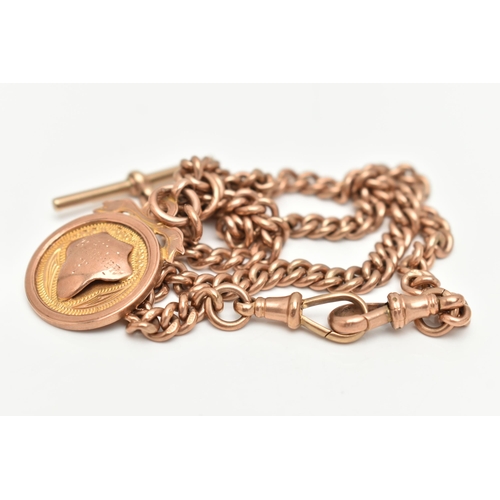 101 - A 9CT ROSE GOLD DOUBLE ALBERT CHAIN WITH FOB MEDAL, each link stamped 9.375, fitted with a T-bar hal... 