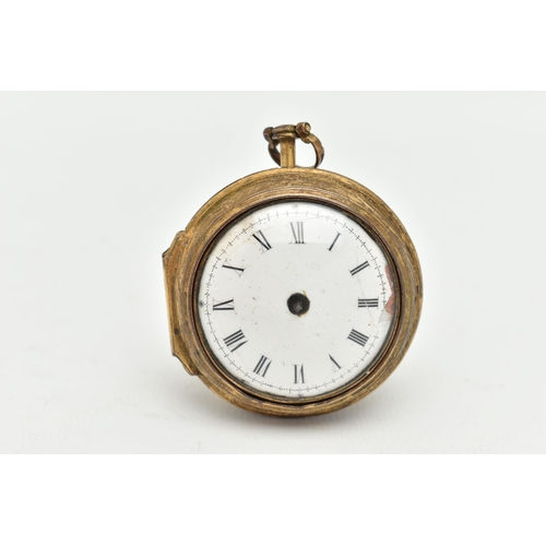 105 - A GILT METAL PAIR CASE, OPEN FACE POCKET WATCH, key wound, round white dial, Roman numerals, missing... 