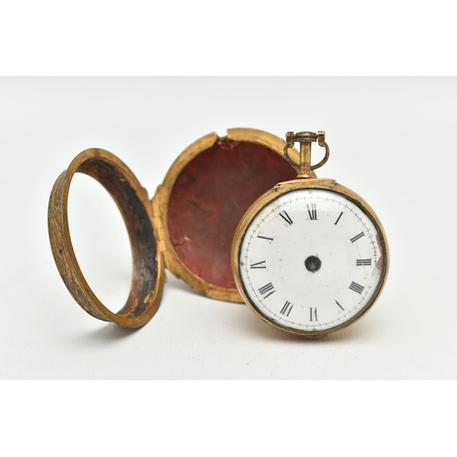 105 - A GILT METAL PAIR CASE, OPEN FACE POCKET WATCH, key wound, round white dial, Roman numerals, missing... 