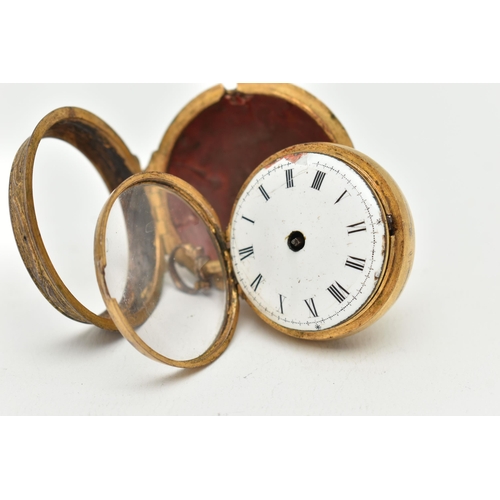 105 - A GILT METAL PAIR CASE, OPEN FACE POCKET WATCH, key wound, round white dial, Roman numerals, missing... 