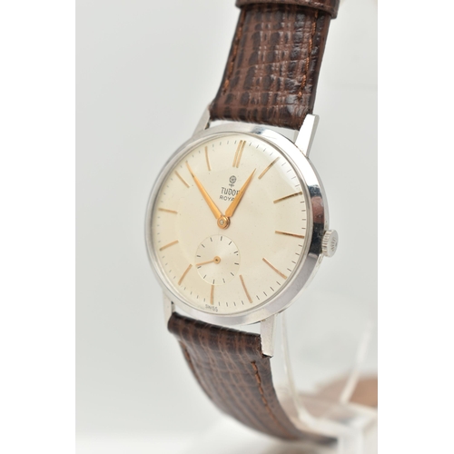 106 - A GENTS 'TUDOR ROYAL' WRISTWATCH, manual wind, round silvered dial signed 'Tudor Royal', baton marke... 