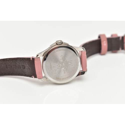 108 - A 'GUCCI G TIMELESS' WRISTWATCH, quartz movement, round pink leather dial with embossed Gucci logo, ... 