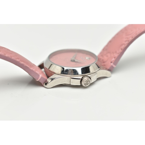 108 - A 'GUCCI G TIMELESS' WRISTWATCH, quartz movement, round pink leather dial with embossed Gucci logo, ... 