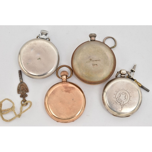 122 - FOUR POCKET WATCHES, to include a gold plated open face pocket watch, manual wind, round white dial ... 