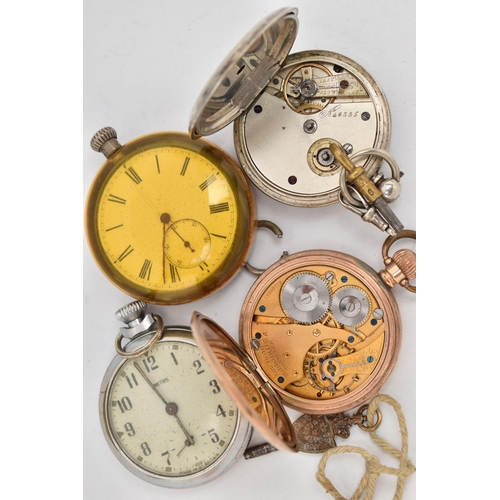 122 - FOUR POCKET WATCHES, to include a gold plated open face pocket watch, manual wind, round white dial ... 