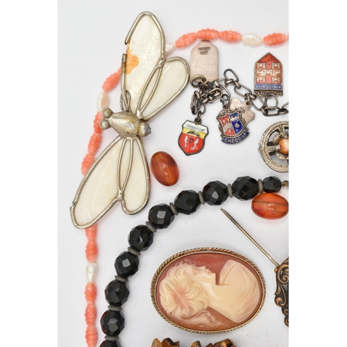 128 - A SELECTION OF GEMSTONE, WHITE METAL AND COSTUME JEWELLERY, to include an expandable tigers eye brac... 