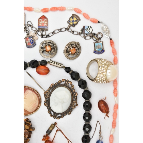 128 - A SELECTION OF GEMSTONE, WHITE METAL AND COSTUME JEWELLERY, to include an expandable tigers eye brac... 