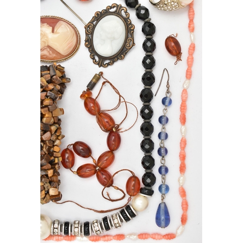 128 - A SELECTION OF GEMSTONE, WHITE METAL AND COSTUME JEWELLERY, to include an expandable tigers eye brac... 