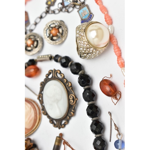 128 - A SELECTION OF GEMSTONE, WHITE METAL AND COSTUME JEWELLERY, to include an expandable tigers eye brac... 