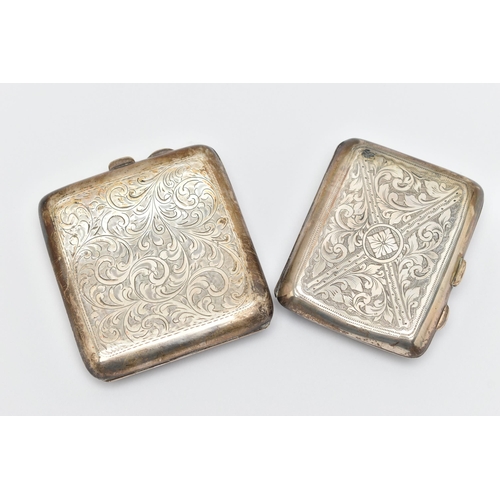 139 - TWO SILVER CIGARETTE CASES, the first of a square form, foliage pattern with engraved cartouche, pus... 