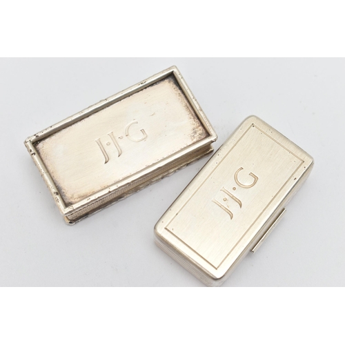 145 - TWO SILVER ASPREY & CO. LTD SNUFF BOXES, both of rectangular outline, the first with engine turned d... 