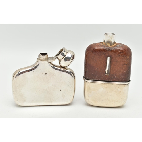 149 - TWO HIP FLASKS, the first of plain form with hinged lid, hallmark for Joseph Gloster, Birmingham 189... 