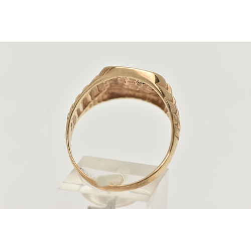 78 - A GENTS 9CT GOLD ROLEX STYLE SIGNET RING, of a square form, half polished and half set with five col... 