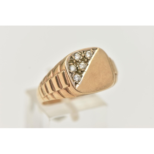 78 - A GENTS 9CT GOLD ROLEX STYLE SIGNET RING, of a square form, half polished and half set with five col... 