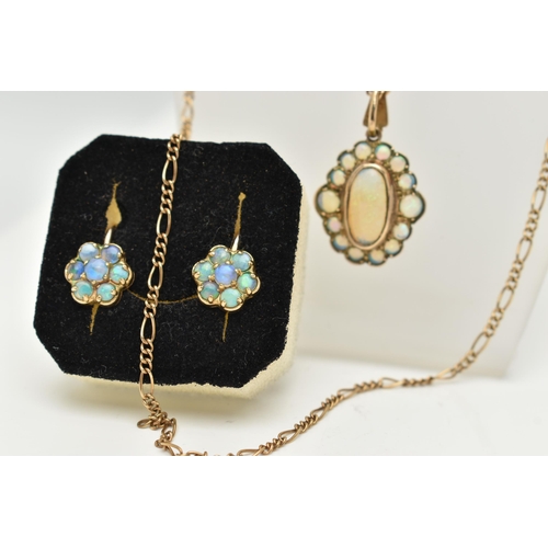 79 - A 9CT OPAL PENDANT NECKLACE AND PAIR OF EARRINGS, the pendant set with a central oval opal cabochon ... 