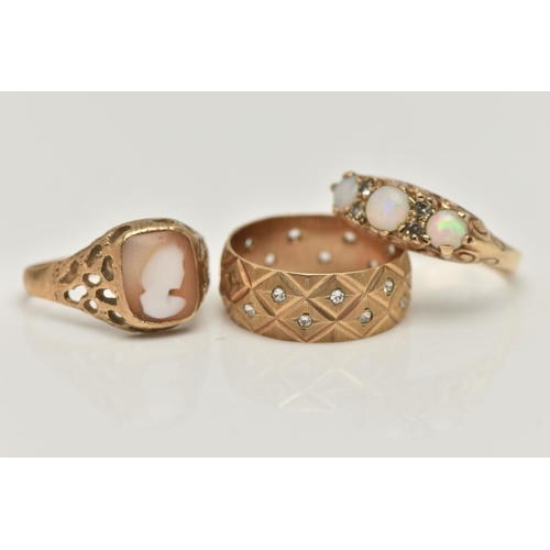 81 - THREE 9CT GOLD RINGS, the first an opal and paste set ring, hallmarked 9ct Birmingham, ring size O, ... 