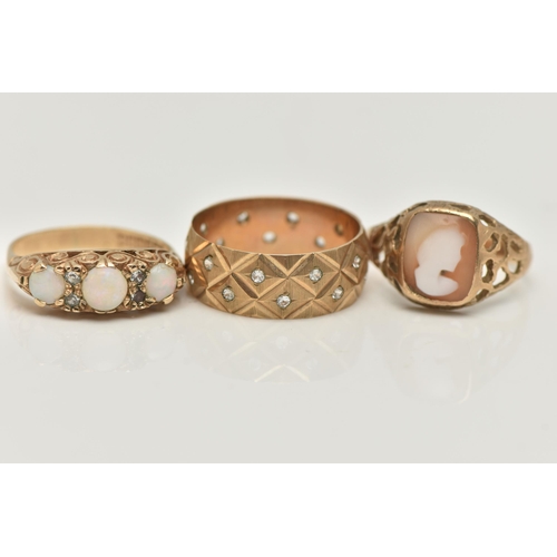 81 - THREE 9CT GOLD RINGS, the first an opal and paste set ring, hallmarked 9ct Birmingham, ring size O, ... 