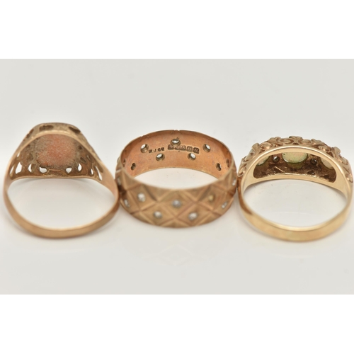 81 - THREE 9CT GOLD RINGS, the first an opal and paste set ring, hallmarked 9ct Birmingham, ring size O, ... 