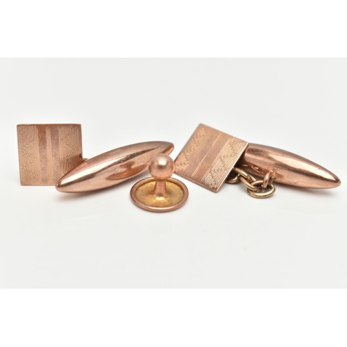 85 - A PAIR OF 9CT GOLD CUFFLINKS AND A SINGLE DRESS STUD, rose gold, square cufflinks with engine turned... 