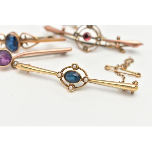 87 - FOUR BAR BROOCHES, the first a yellow metal brooch set with a central oval cut blue sapphire in a su... 