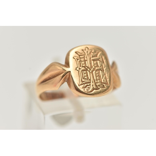 89 - AN 18CT GOLD SIGNET RING, rounded rectangular form with engraved monogram, textured shoulders leadin... 