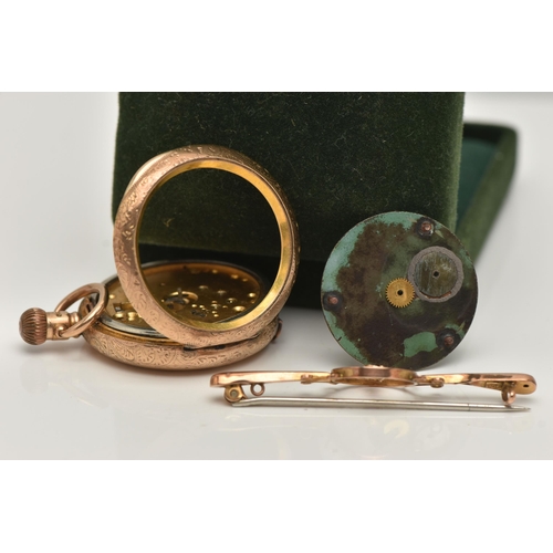 90 - A ROSE METAL BAR BROOCH AND A LADIES POCKET WATCH, the brooch depicting a flower set with a circular... 