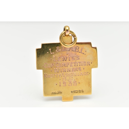 93 - A 9CT GOLD FOB MEDAL, engine turned pattern with engraved monogram, fitted with a jump ring for susp... 