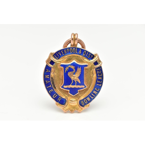 94 - A 9CT GOLD ENAMEL FOB MEDAL, circular form with blue enamel detail, inscribed 'Liverpool & Dist, Ama... 