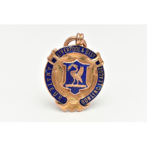 95 - A 9CT GOLD ENAMEL FOB MEDAL, circular form with blue enamel detail, inscribed 'Liverpool & Dist, Ama... 