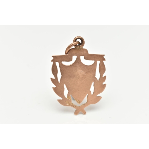 98 - A 9CT ROSE GOLD SHEILD FOB MEDAL, vacant cartouche, fitted with a jump ring for suspension, length i... 